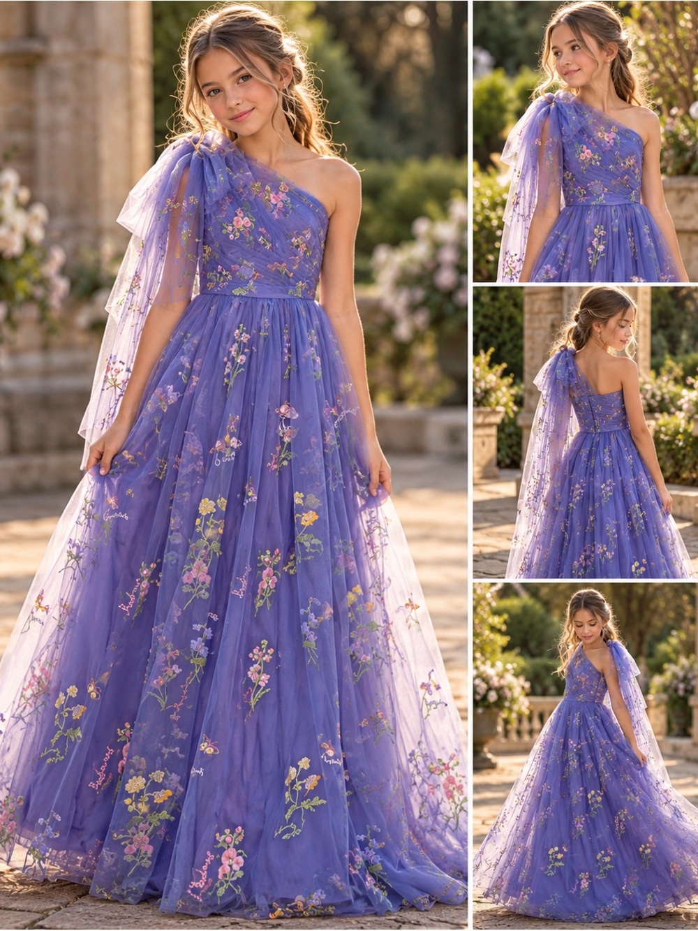 Purple Floral One-Shoulder Girls' Tulle Dress